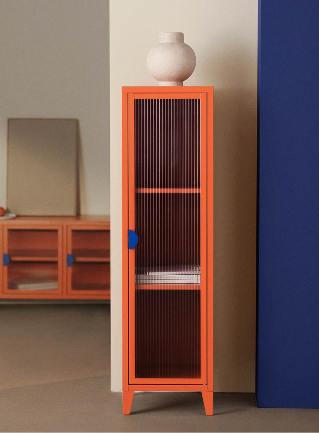 Credenza Espositiva a 1 Anta in Acciaio Laminato e Vetro Soan